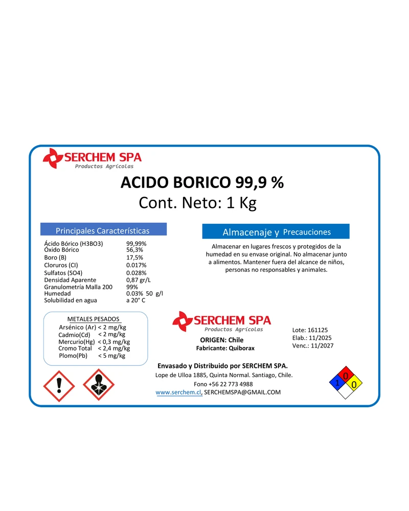 Etiqueta Ácido Bórico 99,9 %