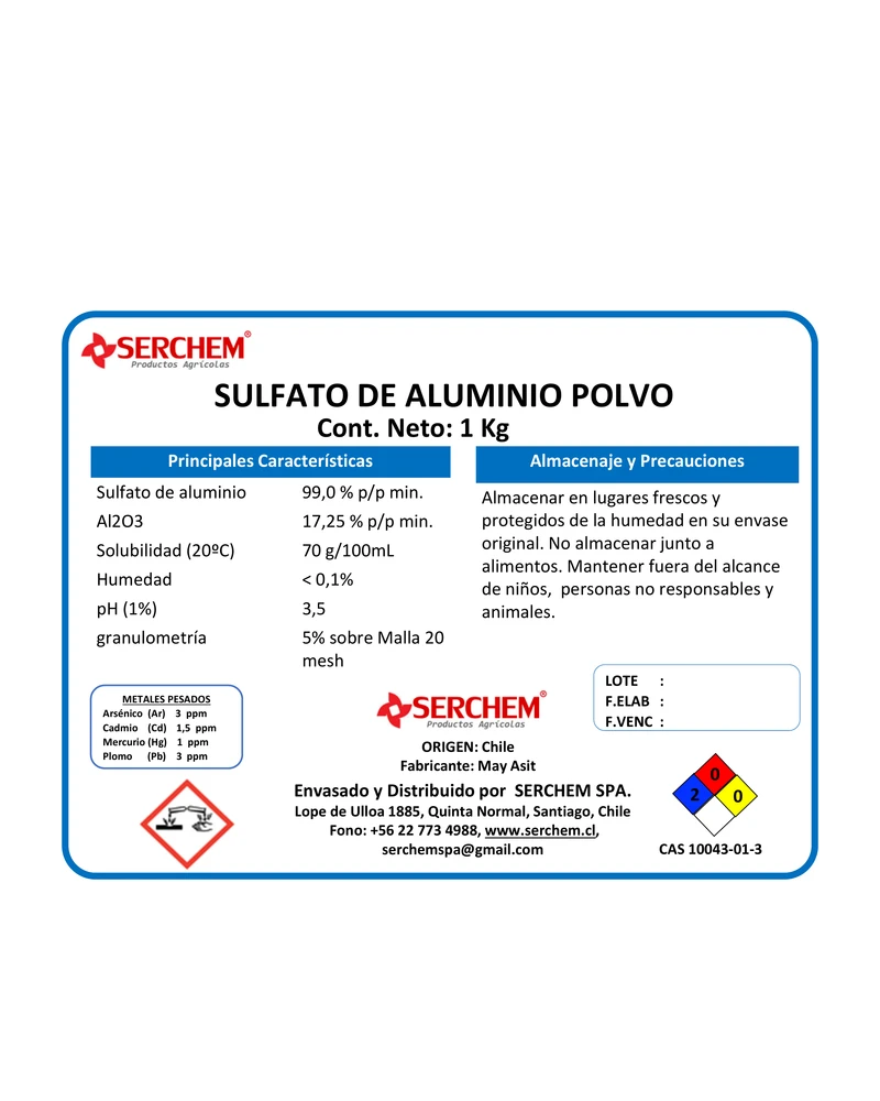 Etiqueta Sulfato de Aluminio en Polvo