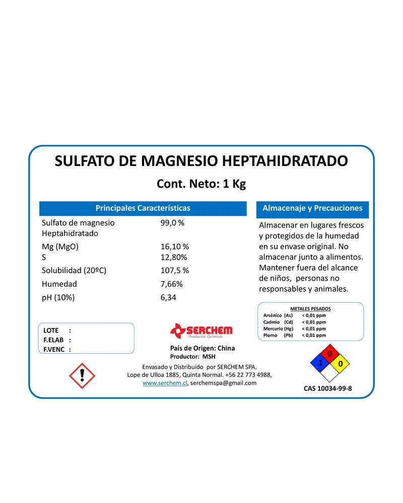 Etiqueta Sulfato de Magnesio Heptahidratado