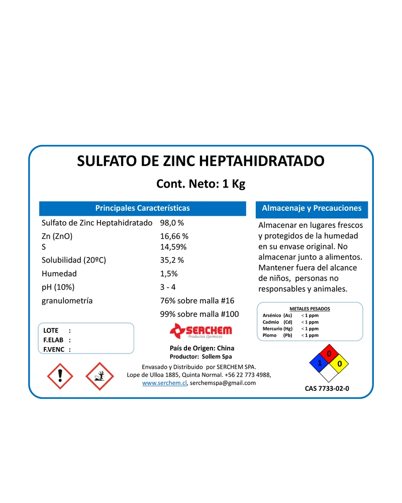 Etiqueta Sulfato de Zinc Heptahidratado
